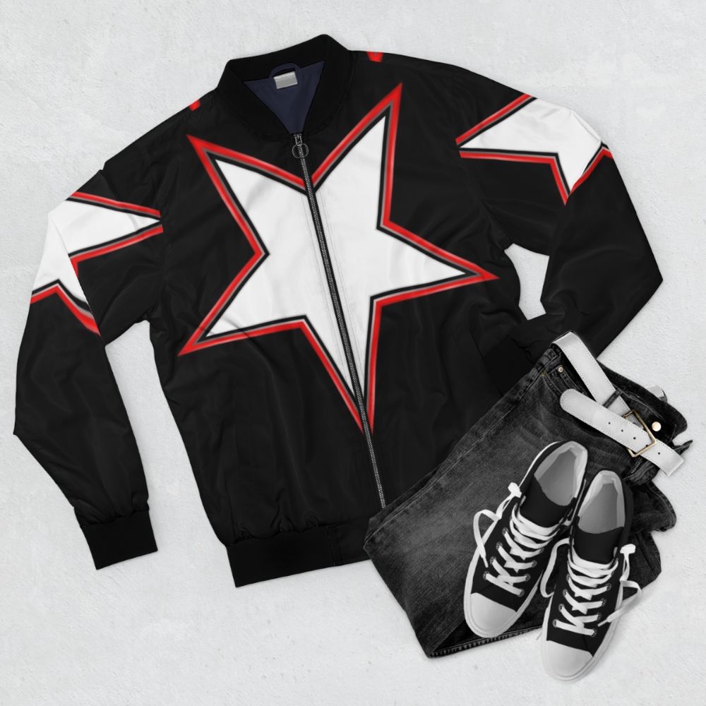 Superhero Star Bomber Jacket - Inverted Bordered Star Design for Sci-Fi Cosplay - Flat lay