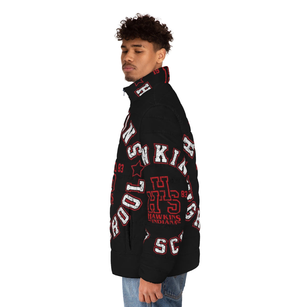 Retro '80s Hawkins High School Puffer Jacket inspired by Stranger Things - men side left