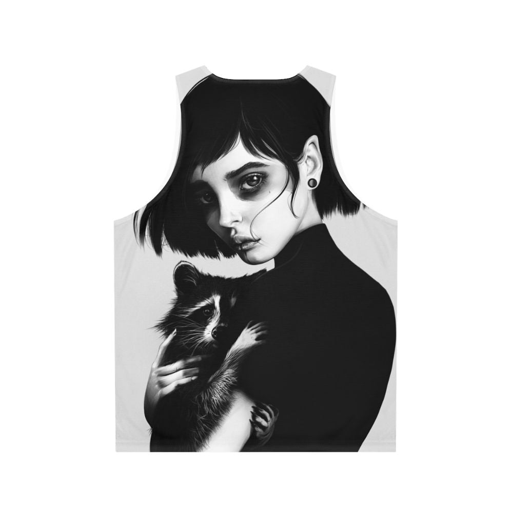 Realistic black and white raccoon portrait pencil art unisex tank top - Back