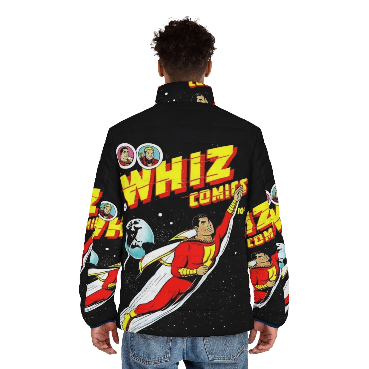 Golden age comic puffer jacket with vintage superhero design - men back