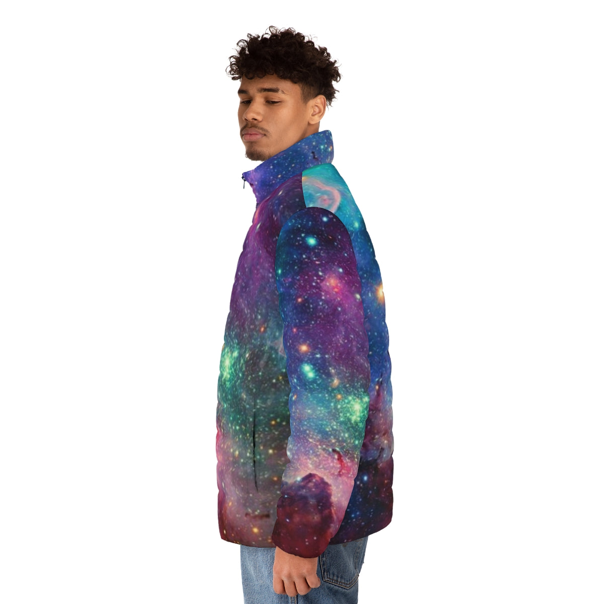 Galaxy puffer jacket with cosmic pattern and celestial design - men side left