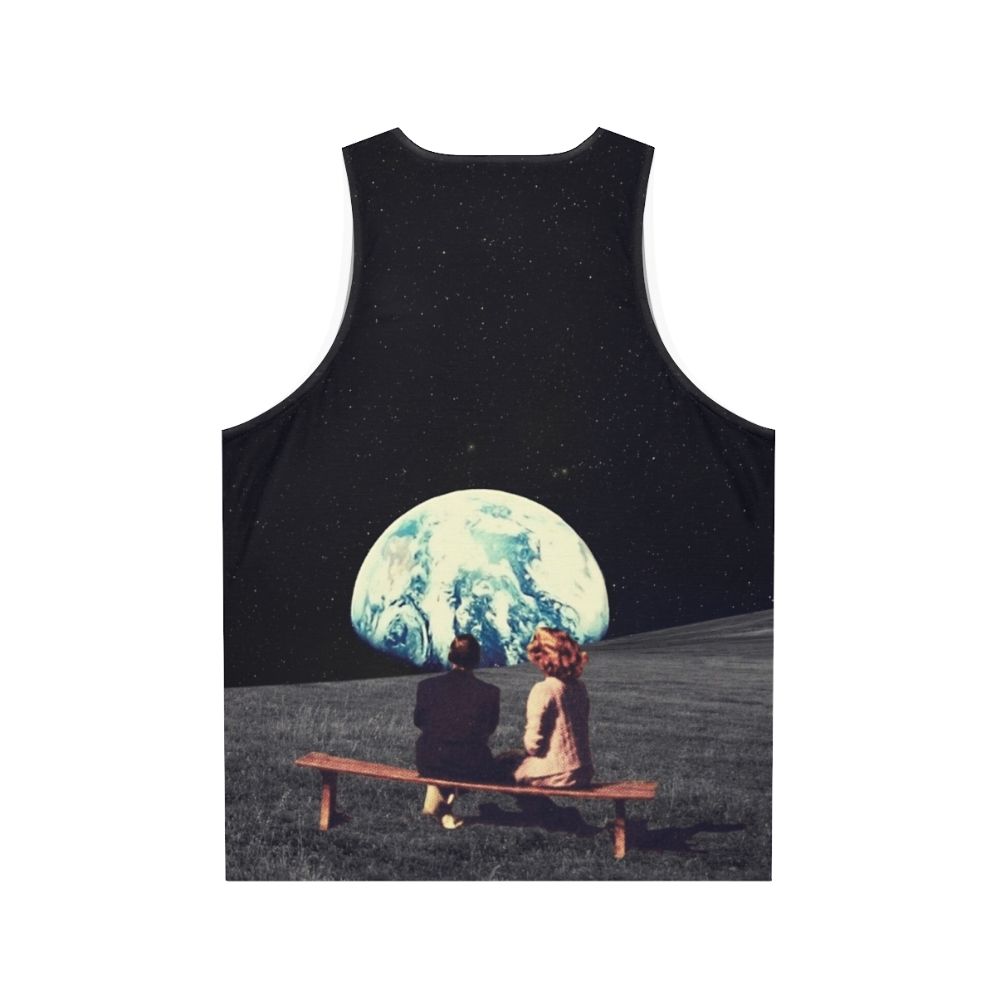 Unisex retrofuture tank top featuring a digital collage of a surreal landscape - Back