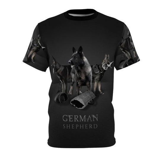 Graphic tee with a vibrant all-over print design featuring a loyal German Shepherd dog