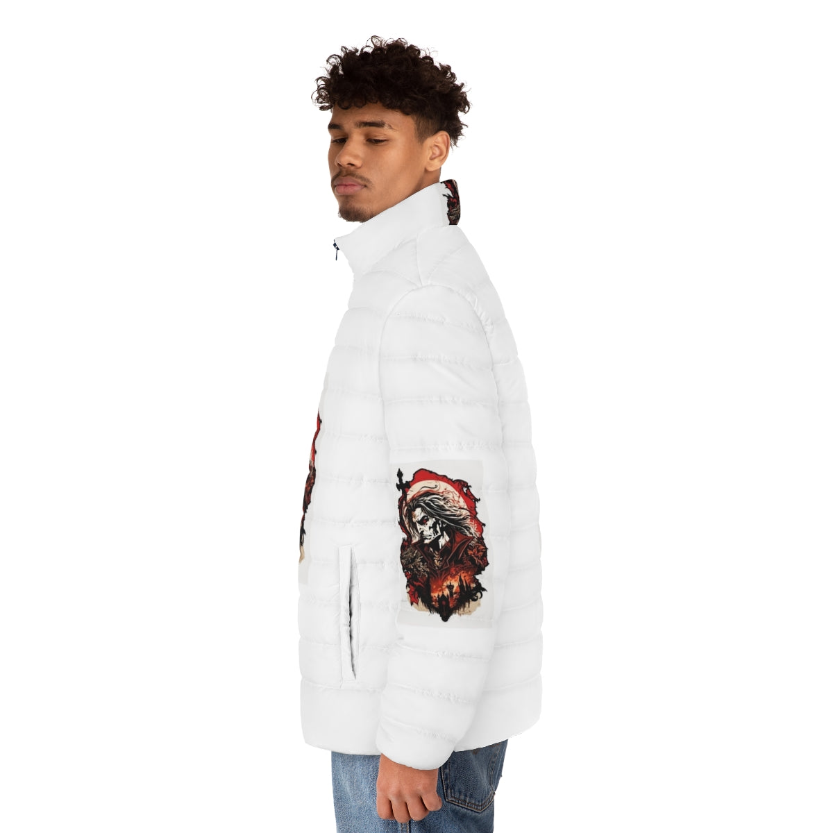 Dracula Castlevania inspired puffer jacket with gothic sticker design - men side left