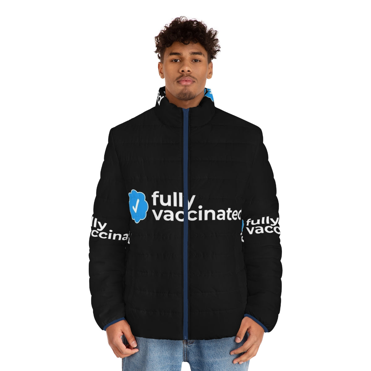 Fully vaccinated person wearing a puffer jacket with COVID-19 vaccination message - men front