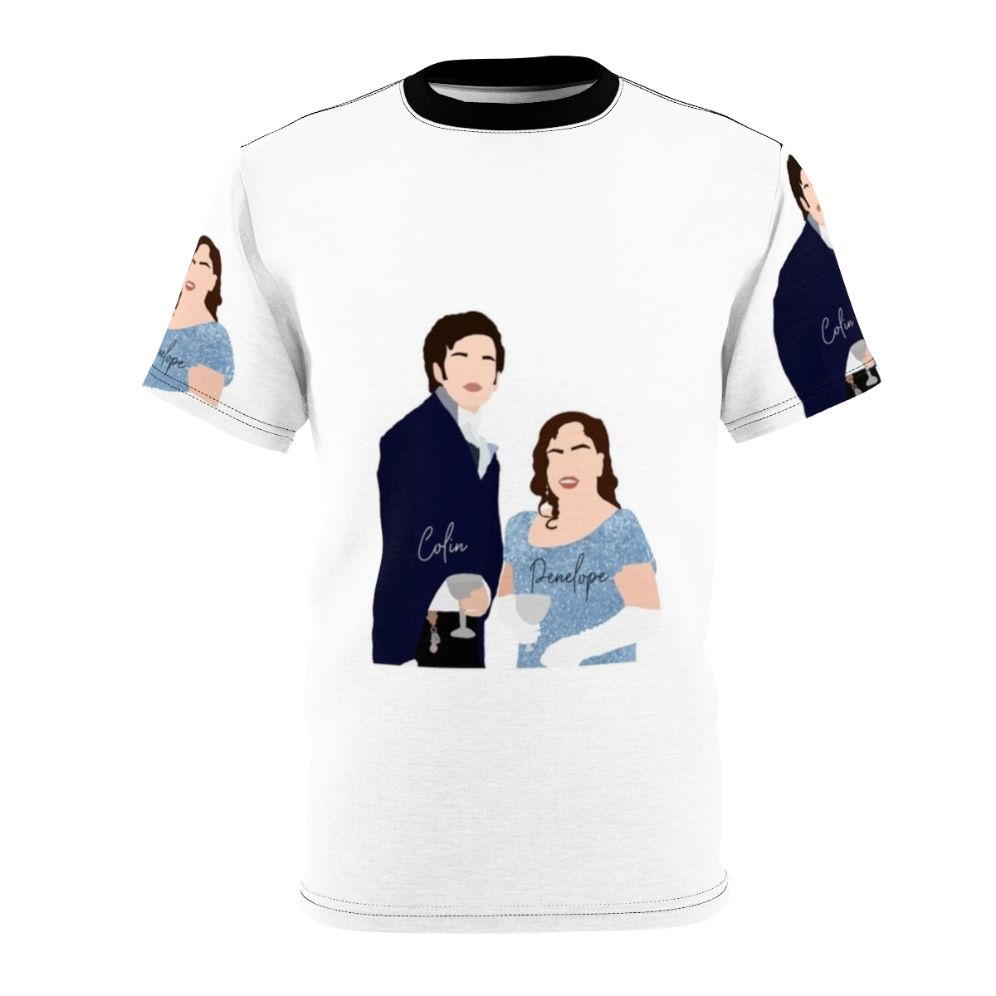 Bridgerton inspired AOP t-shirt featuring Penelope Featherington and Colin Bridgerton smiling