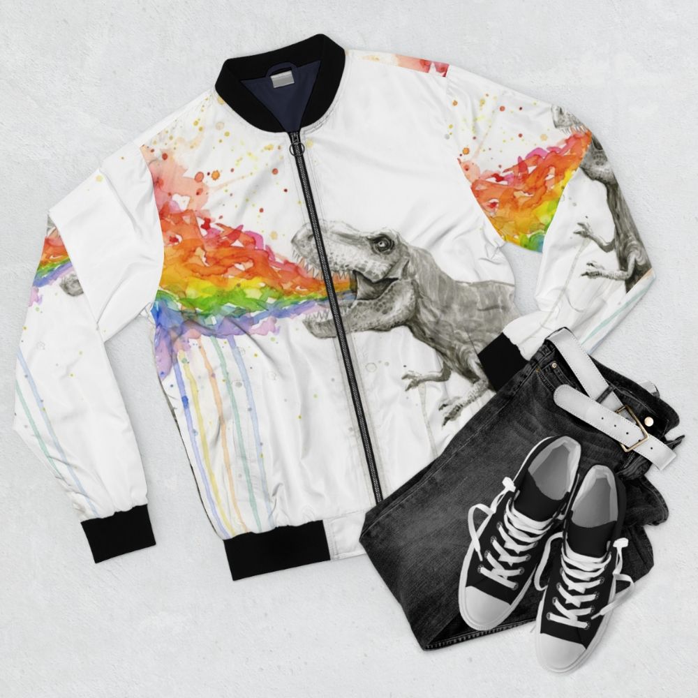 Whimsical t-rex dinosaur wearing a colorful rainbow watercolor bomber jacket - Flat lay