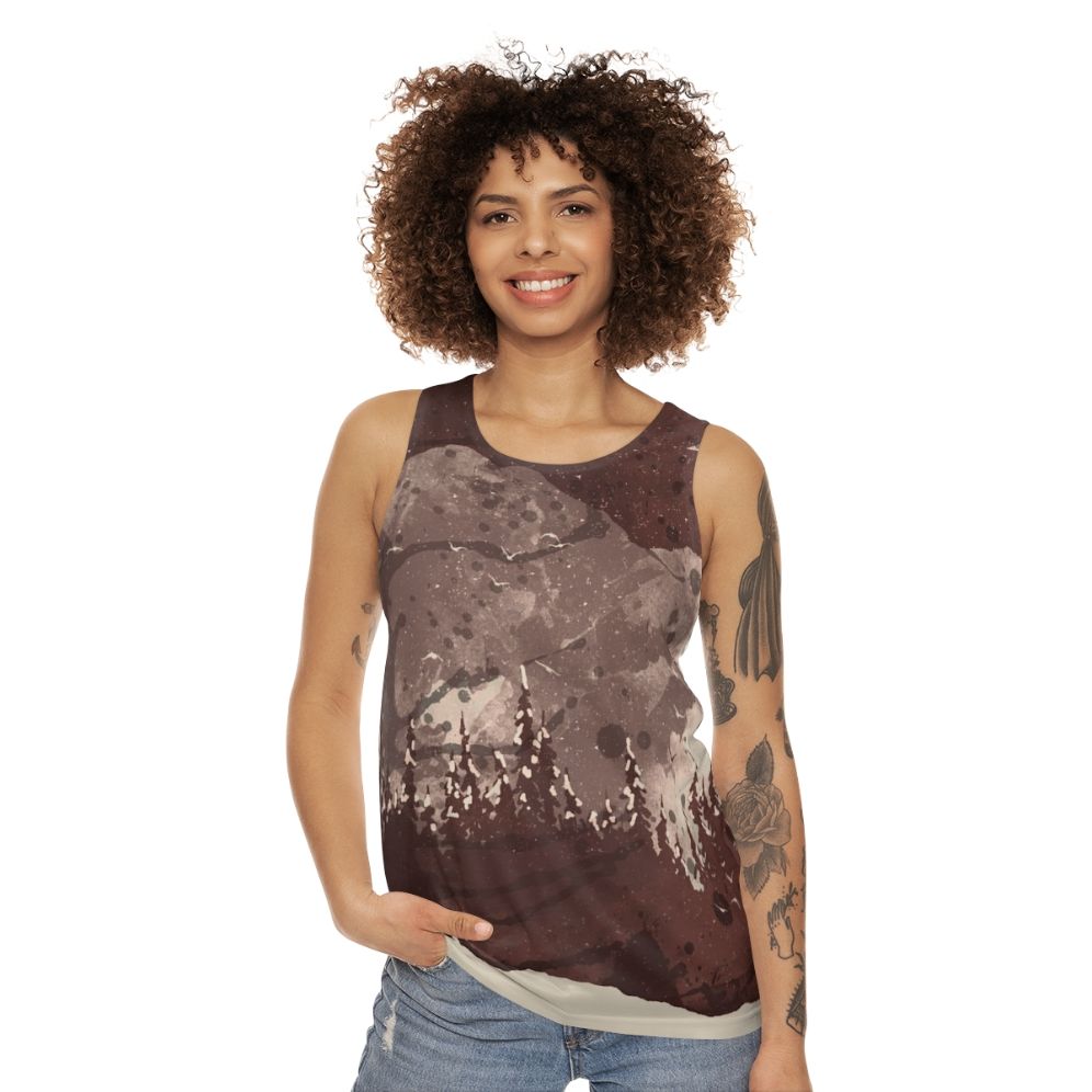 Unisex tank top with a bear design in a winter landscape - women