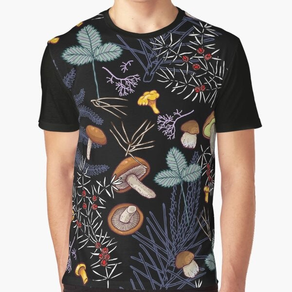 Dark forest mushrooms graphic design on a t-shirt