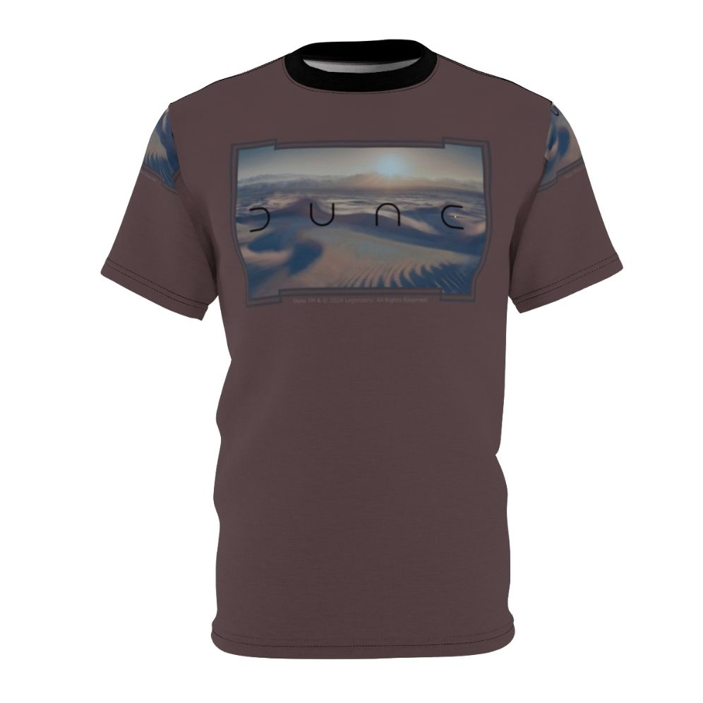 A t-shirt featuring a cinematic design inspired by the sci-fi epic Dune, with a desert landscape and futuristic elements.