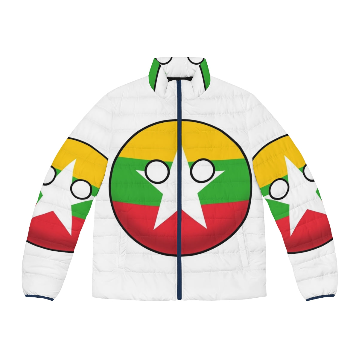 Myanmar Countryball Puffer Jacket featuring the flag and cultural elements of Myanmar