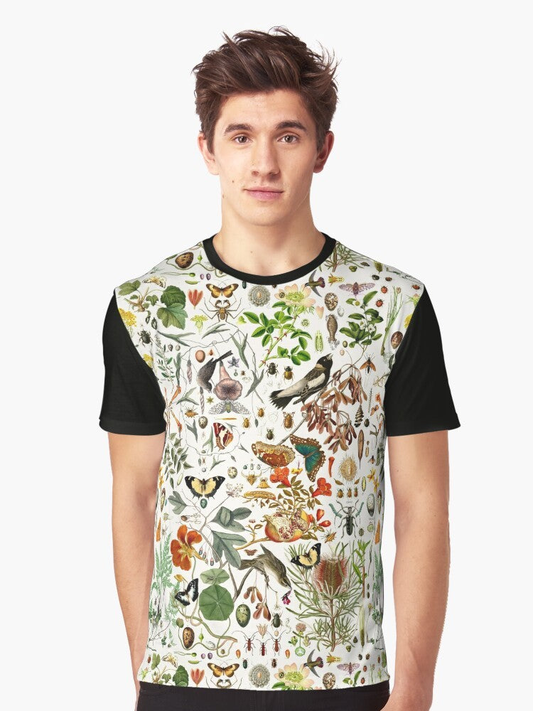 Detailed biology-inspired graphic t-shirt featuring a collage of nature elements like butterflies, birds, insects, and plants. - Men