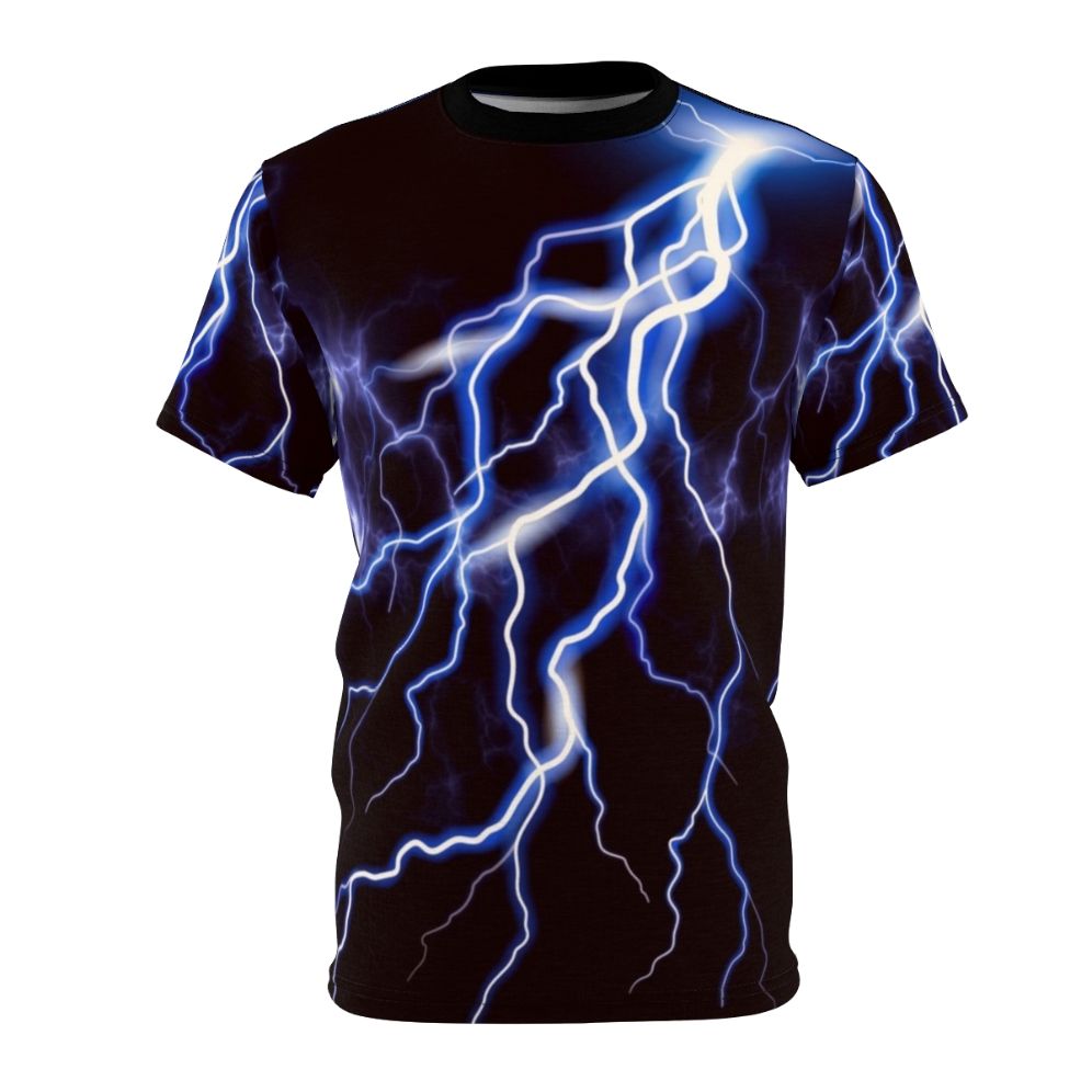 Person wearing a t-shirt with a vibrant lightning bolt graphic design on a night sky background