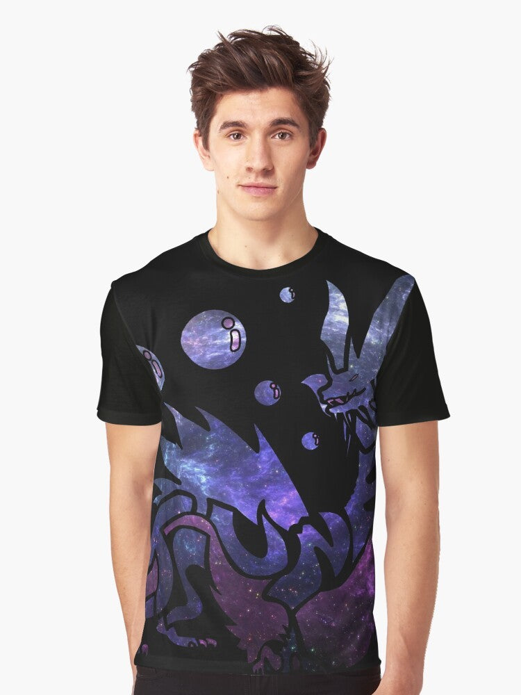 Minimalist graphic t-shirt featuring the Mizutsune monster from Monster Hunter World set against a galaxy background - Men