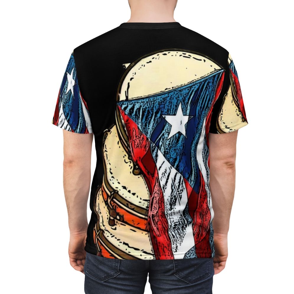 Vibrant t-shirt featuring pleneras, the traditional Puerto Rican musical instruments, and the Puerto Rican flag - men back