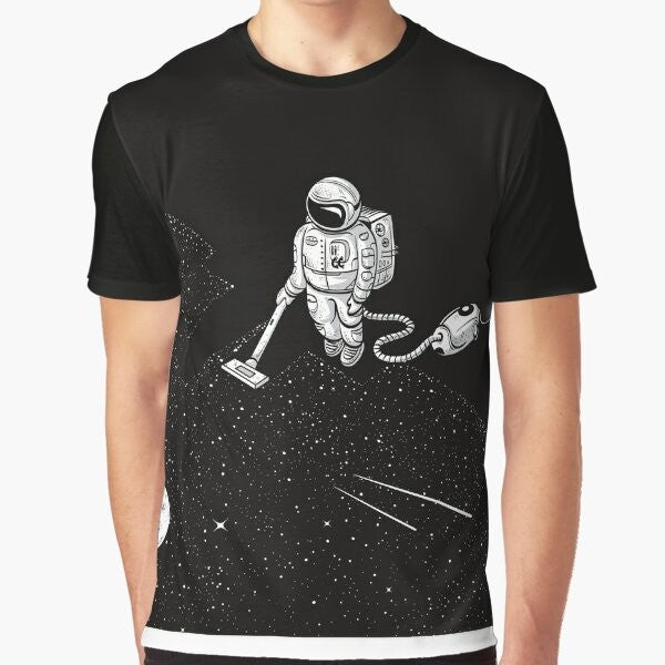 Space Cleaner Graphic T-Shirt featuring an astronaut cleaning the galaxy