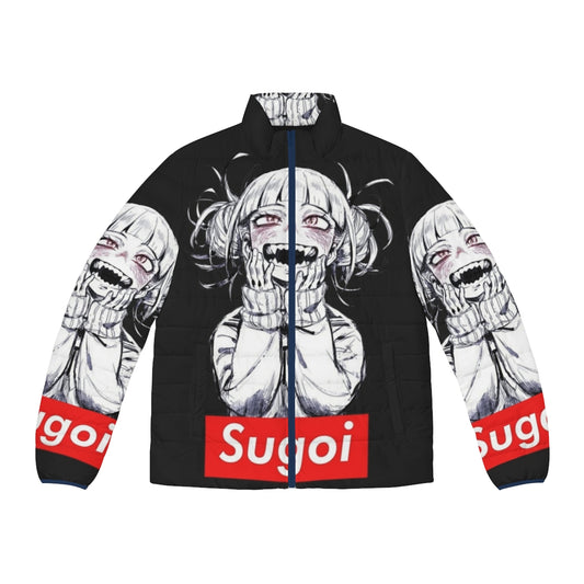 A playful puffer jacket featuring anime-inspired "sugoi" graphic