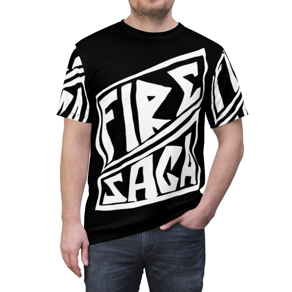 Fire Saga inspired t-shirt with comedy and musical elements - men front