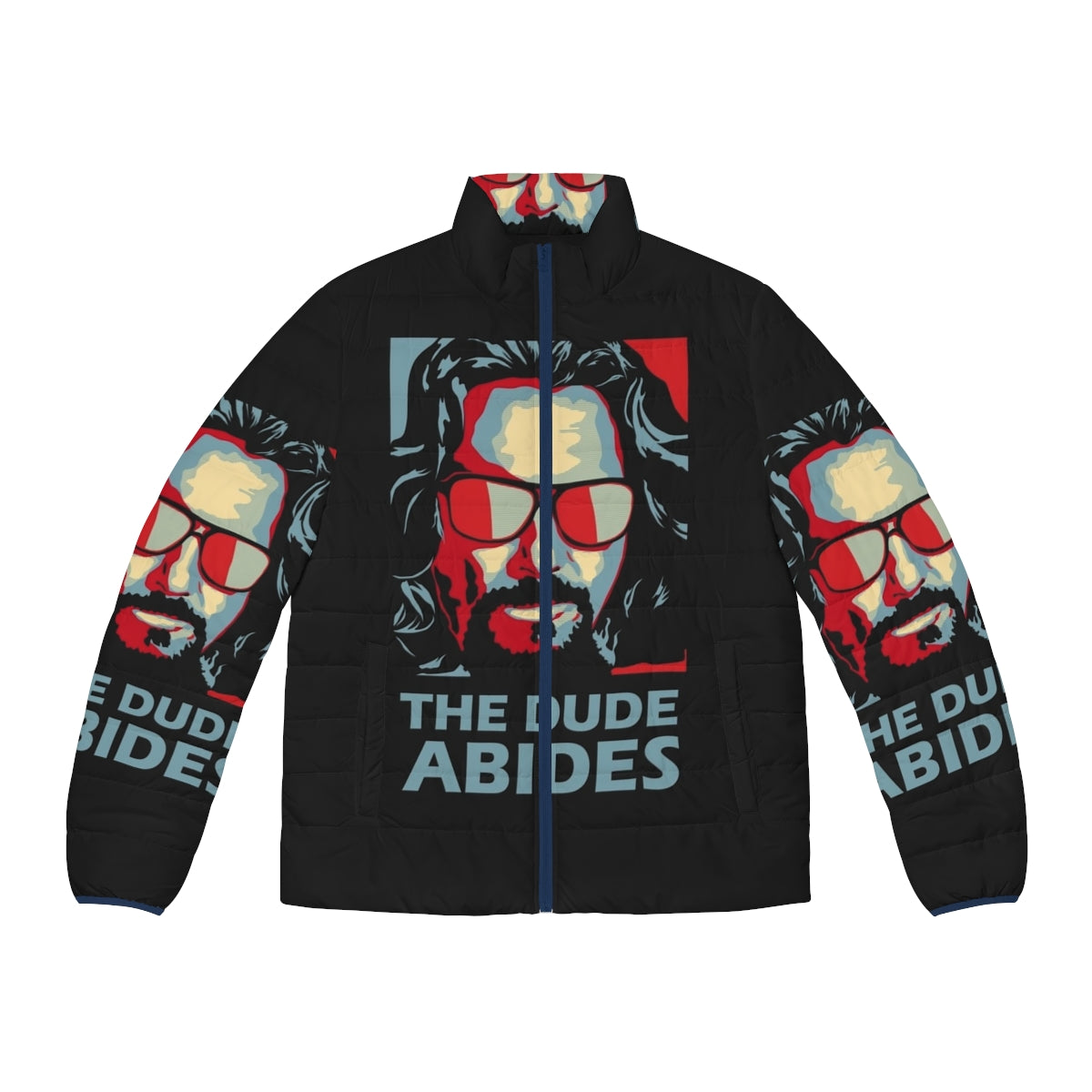 The Dude Abides Man Puffer Jacket featuring a retro '90s stoner-inspired design