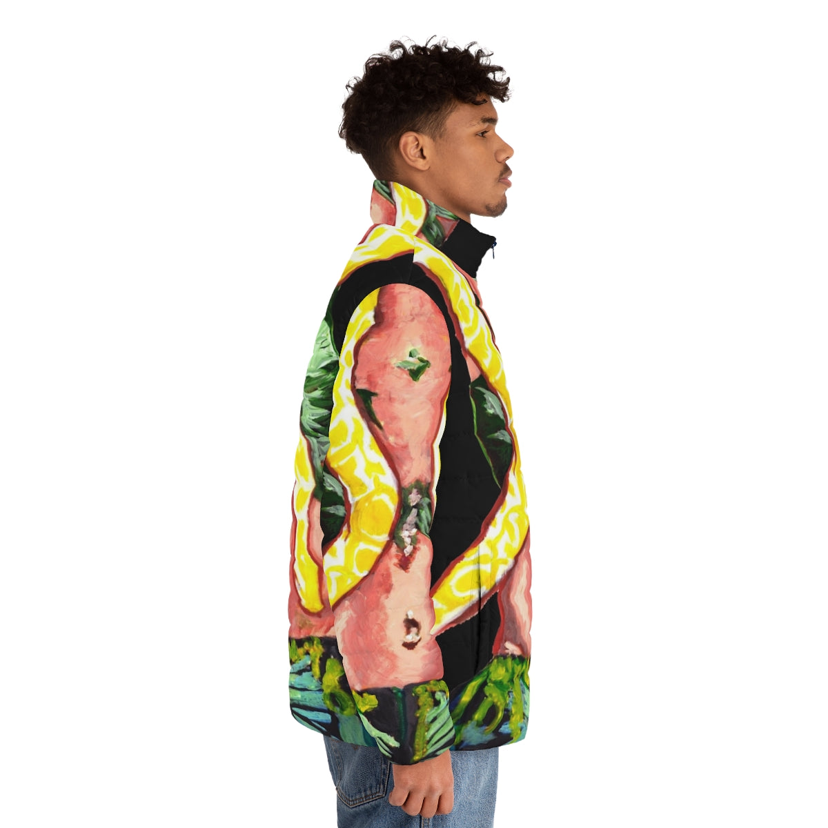 Retro 90s style snake puffer jacket in vibrant pop art design - men side right