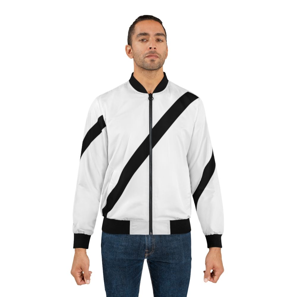 A stylish bomber jacket featuring a safety belt design to avoid fines for not wearing a car seat belt. - Lifestyle