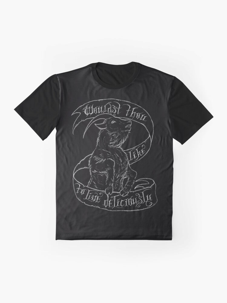 Black Phillip, the satanic goat from the film "The Witch", printed on a black t-shirt - Flat lay