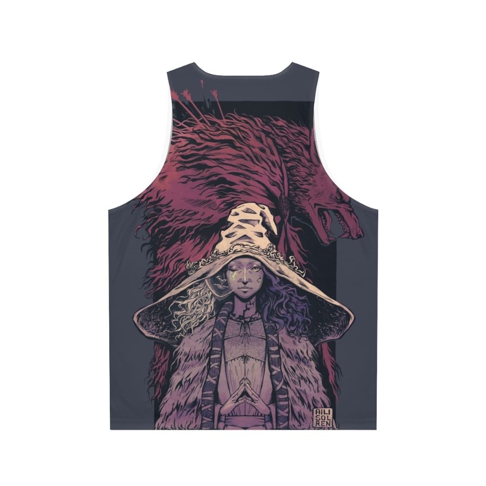 Desaturated unisex tank top featuring Ranni and Blaidd from Elden Ring - Back