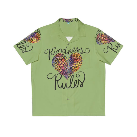 Colorful Hawaiian shirt with "Kindness Rules" text and heart design