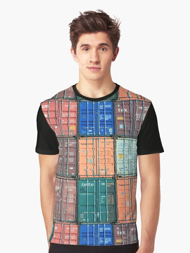 A graphic t-shirt design featuring the phrase "For the Love of Shipping Containers" with shipping containers in the background. - Men