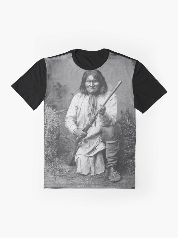 Geronimo graphic t-shirt featuring an image of the famous Apache leader and American Indian icon - Flat lay