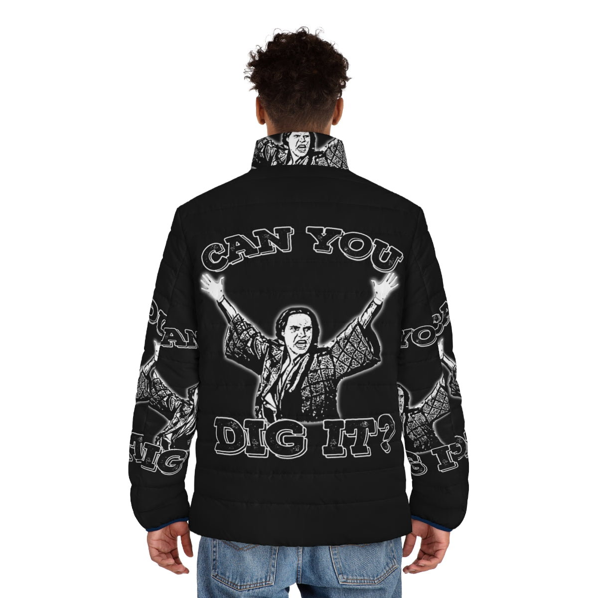 Model wearing the Can You Dig It puffer jacket, a retro-inspired streetwear piece reminiscent of the cult classic 80s film "The Warriors" - men back