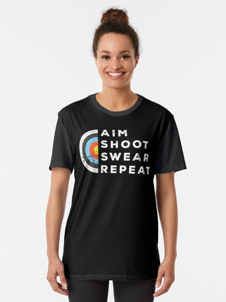 Archery bowshooting graphic t-shirt featuring the text "Aim, Shoot, Swear, Repeat" - Women