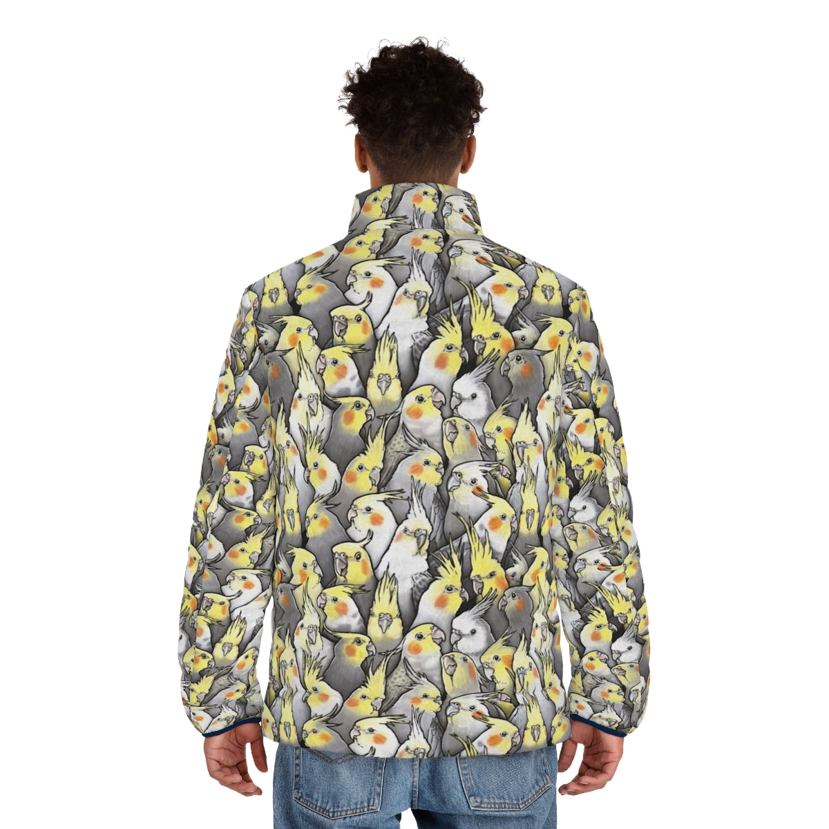 Cockatiel puffer jacket with a cute bird pattern design - men back