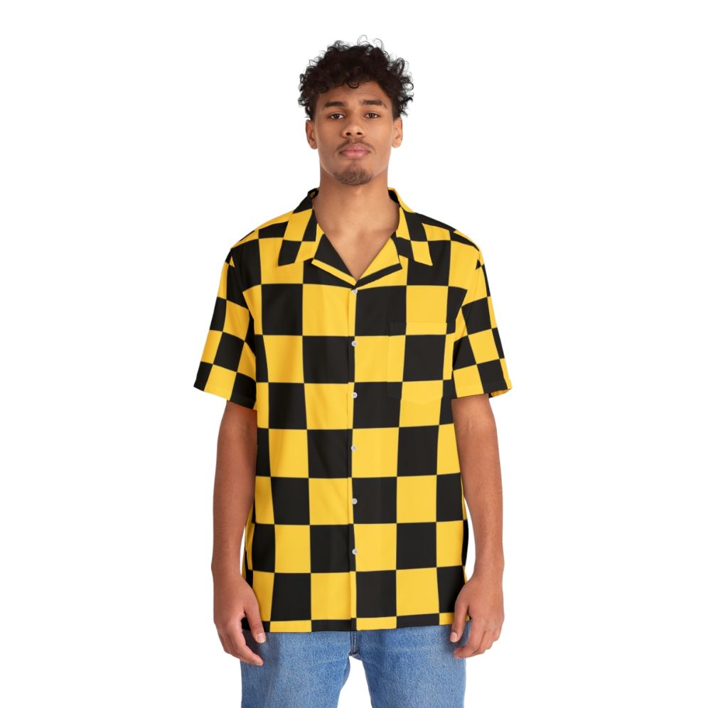 Man wearing a bold black and yellow checkered Hawaiian shirt - People Front