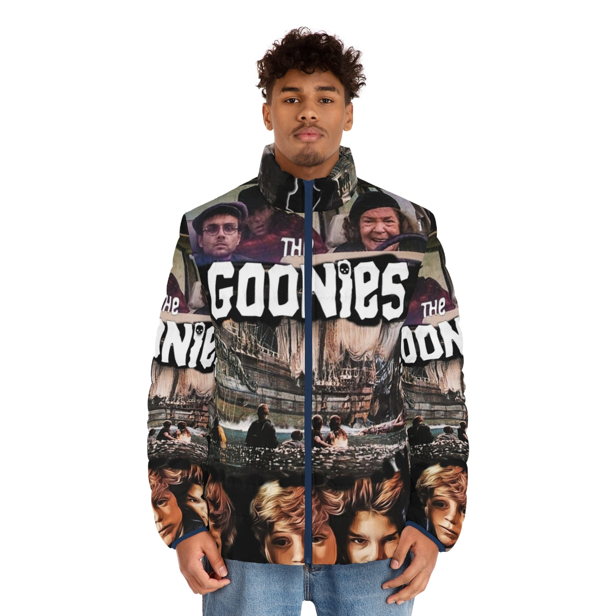 A puffer jacket featuring the iconic logo and imagery from the classic 1980s film The Goonies - men front