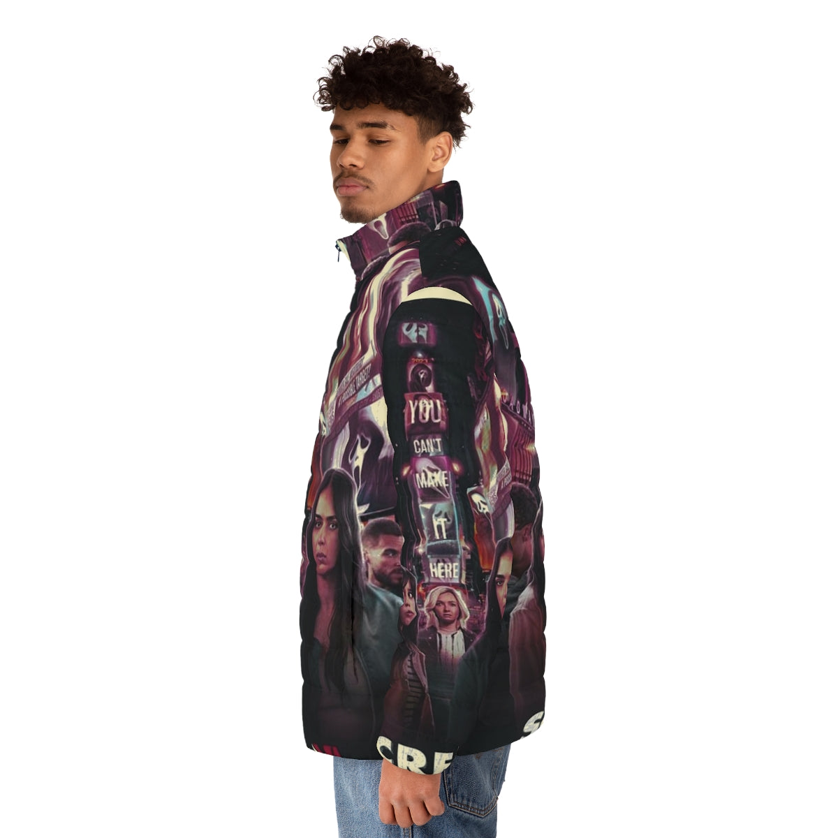 Scream 6 "You Failed Here" Puffer Jacket featuring Ghostface and Scream franchise characters - men side left