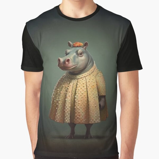 Vintage 1950s style graphic t-shirt featuring a personified hippopotamus character in yellow