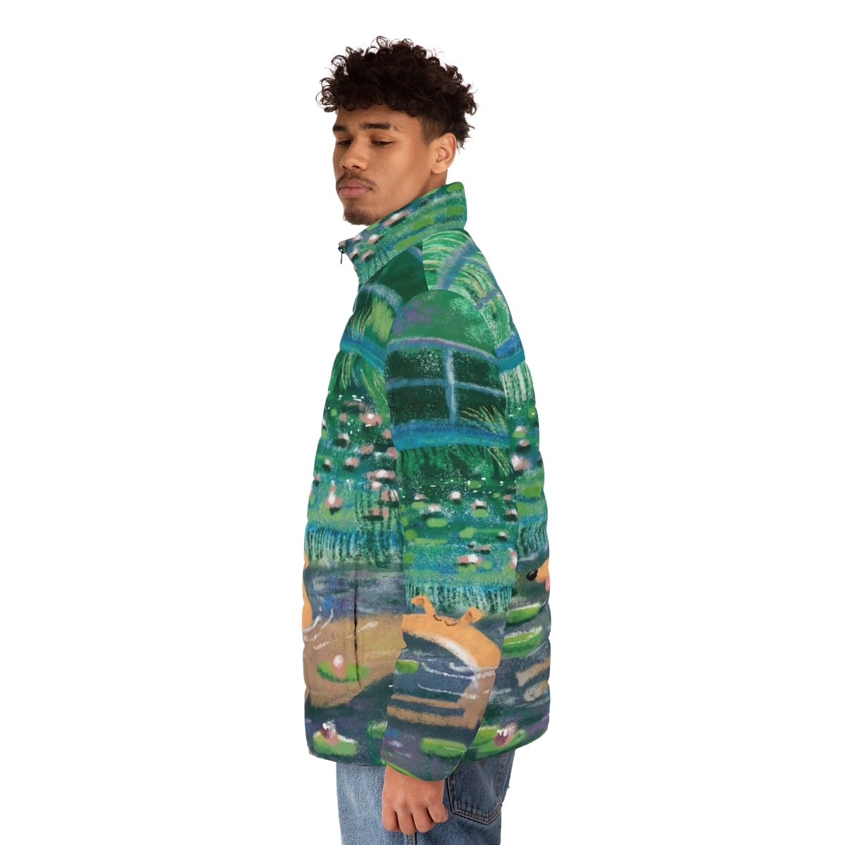 Greyhound puffer jacket with impressionist art design - men side left