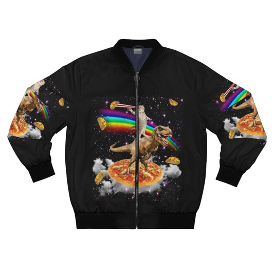 A vibrant bomber jacket featuring a galaxy-inspired design with a cat, dinosaur, and pizza motif.