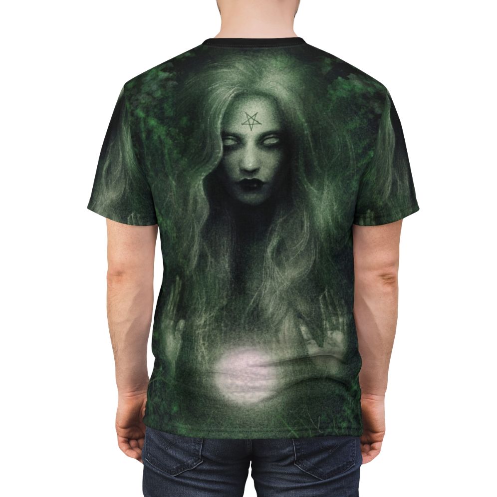 Vibrant AOP t-shirt design featuring a mystical forest witch amidst lush greenery, crystals, and natural elements. - men back