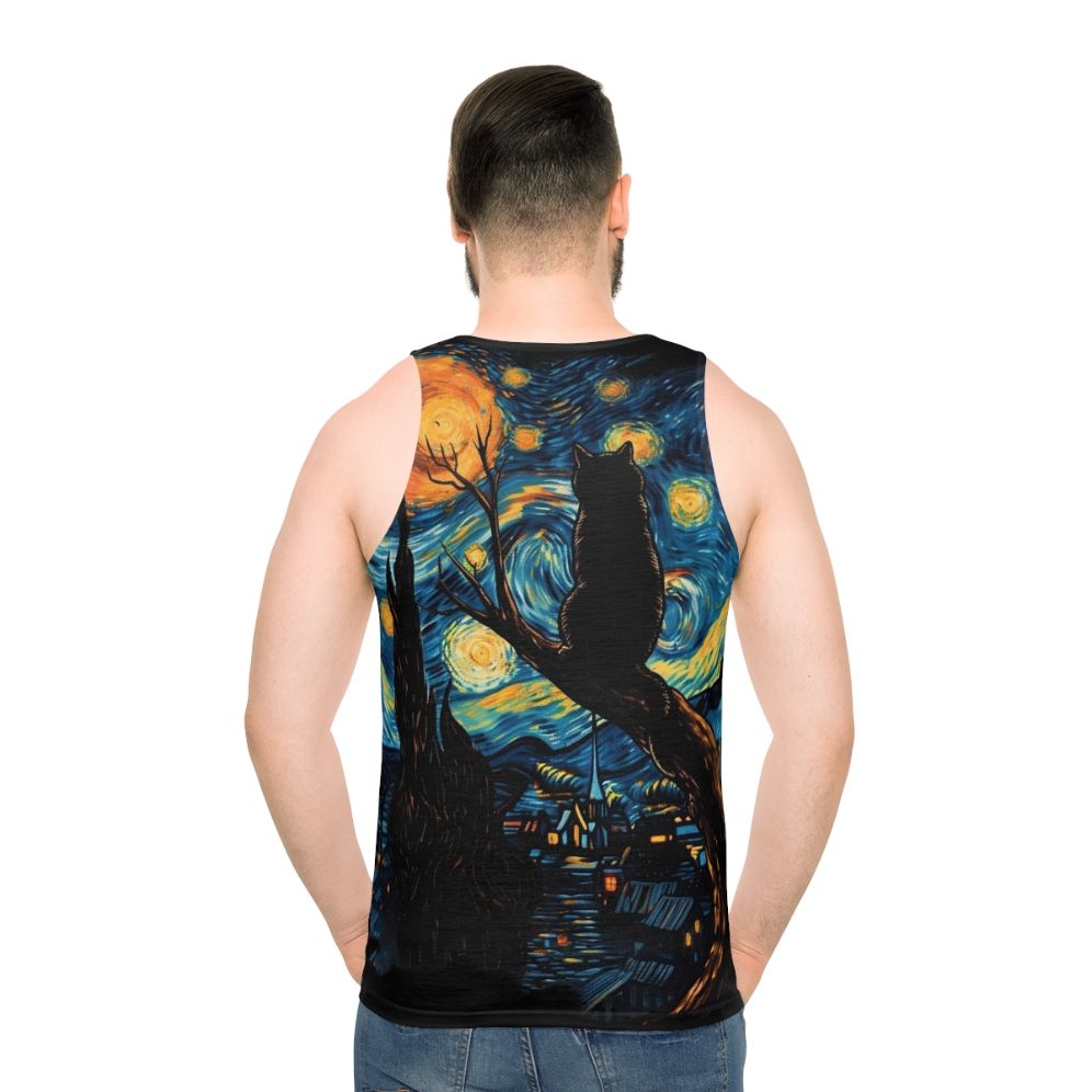 Unisex tank top featuring Van Gogh's Starry Night with a black cat - men back