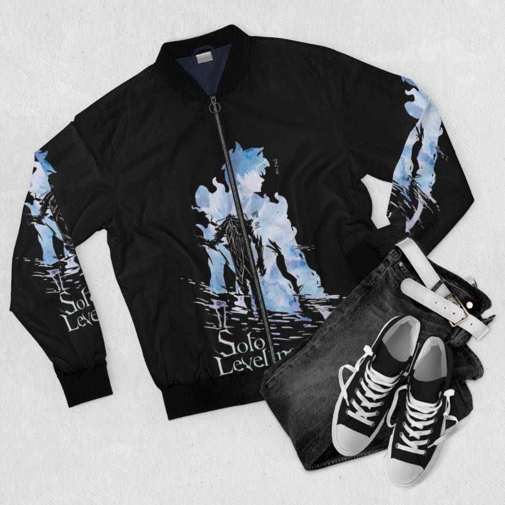 Sung Jin Woo anime-inspired bomber jacket with a simple, dark aesthetic design. - Flat lay