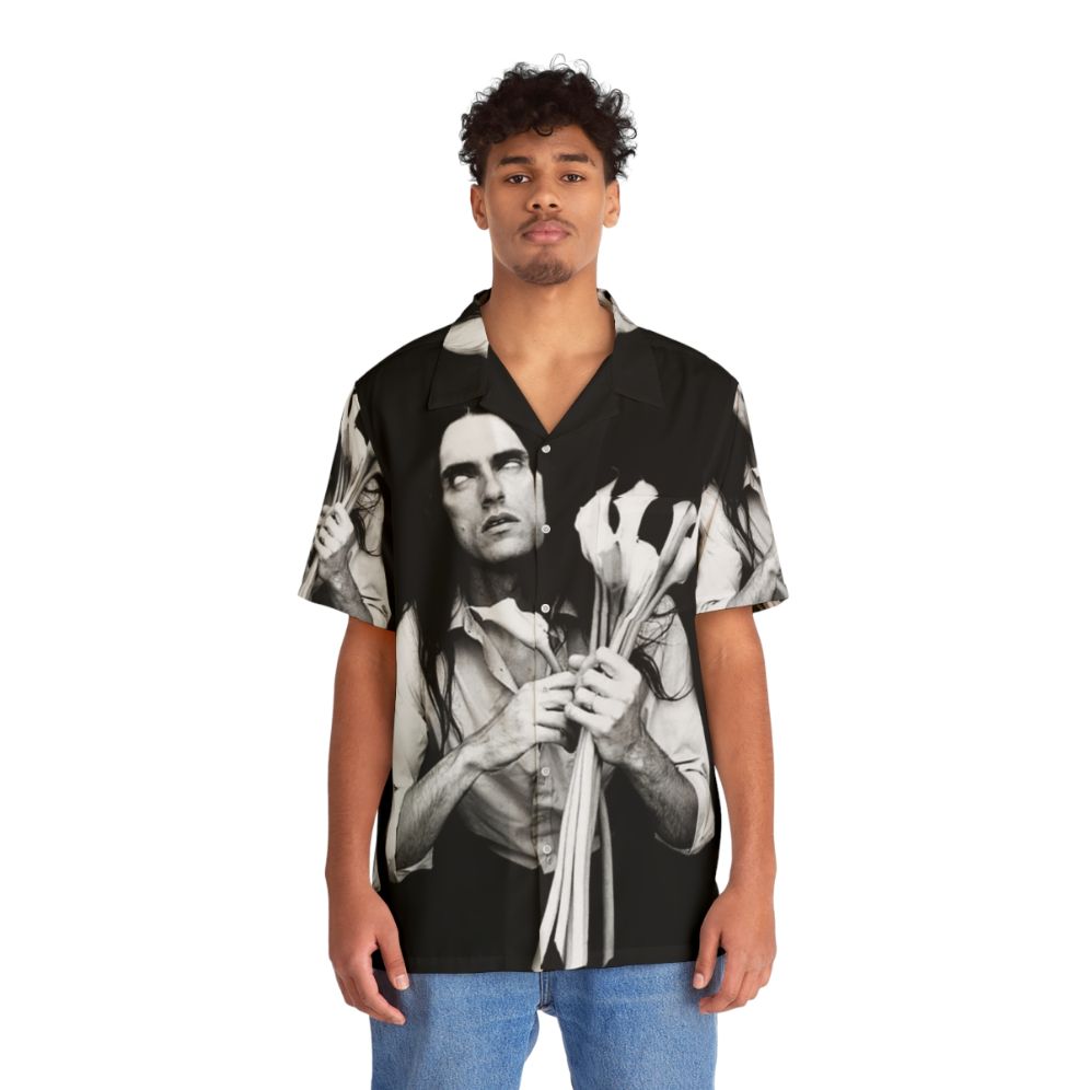 Black and White Hawaiian Shirt with 2019 Peter Steele Tour Graphic - People Front