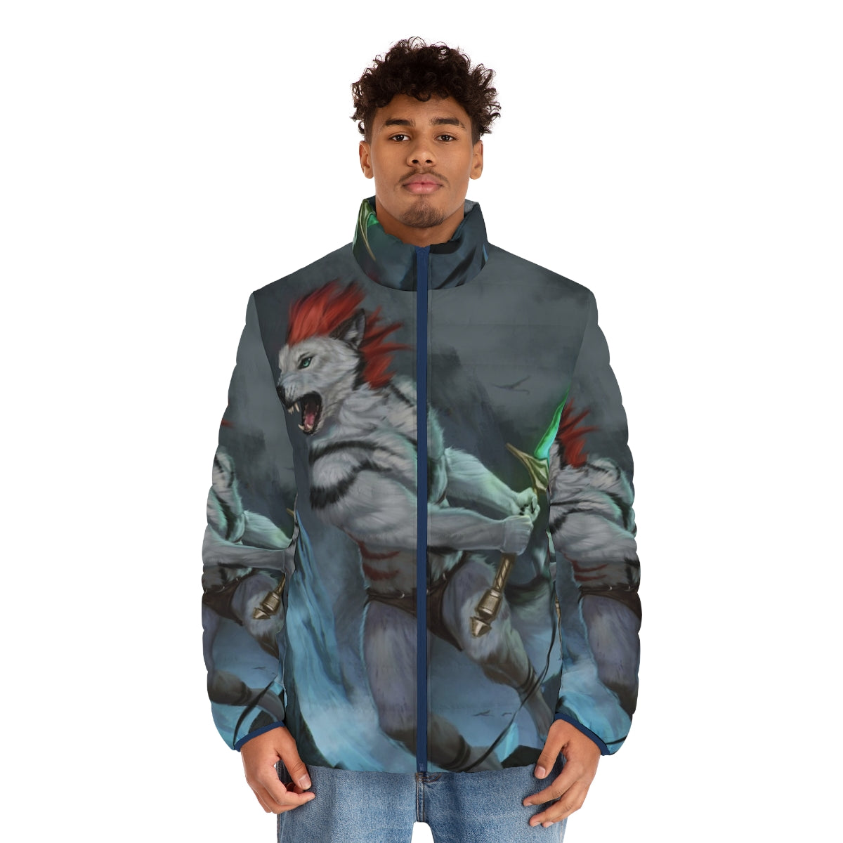 Furry male anthro wolf wearing a puffer jacket in a fantasy digital art painting - men front