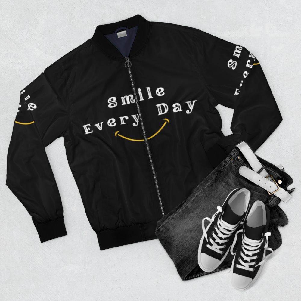 Smile Every Day Motivational Bomber Jacket with Positive Typography - Flat lay