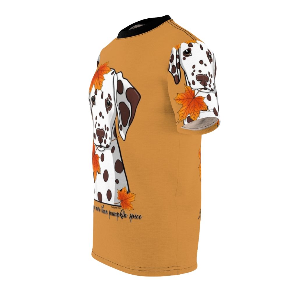 Dalmatian dog design on an autumn-themed t-shirt with pumpkins and fall leaves - men left