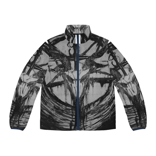 Baphomet-inspired puffer jacket with abstract occult design