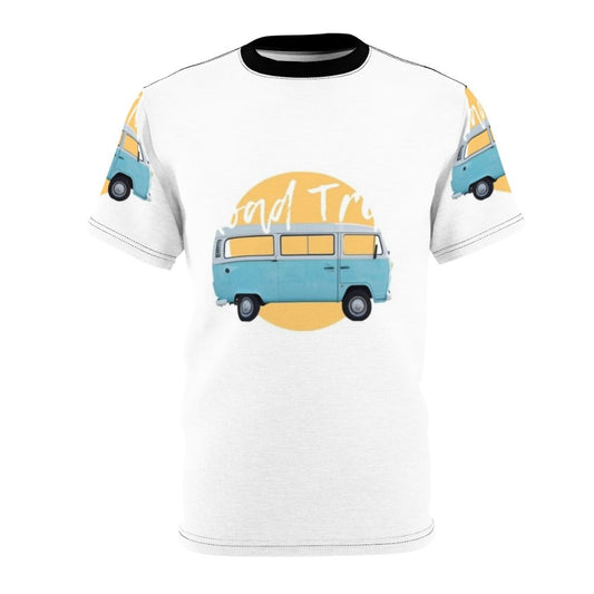 A blue and yellow all-over print t-shirt with a travel lifestyle and hobbies design, perfect for adventure seekers.