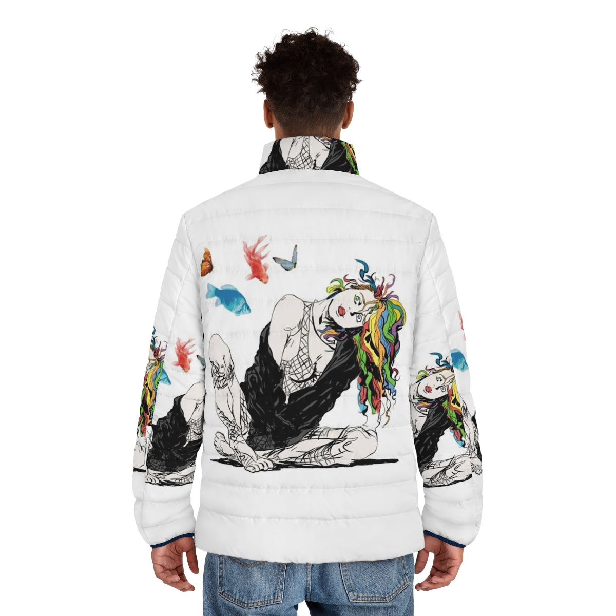 Delirium The Sandman Vertigo Comics Puffer Jacket featuring a surreal and colorful design - men back