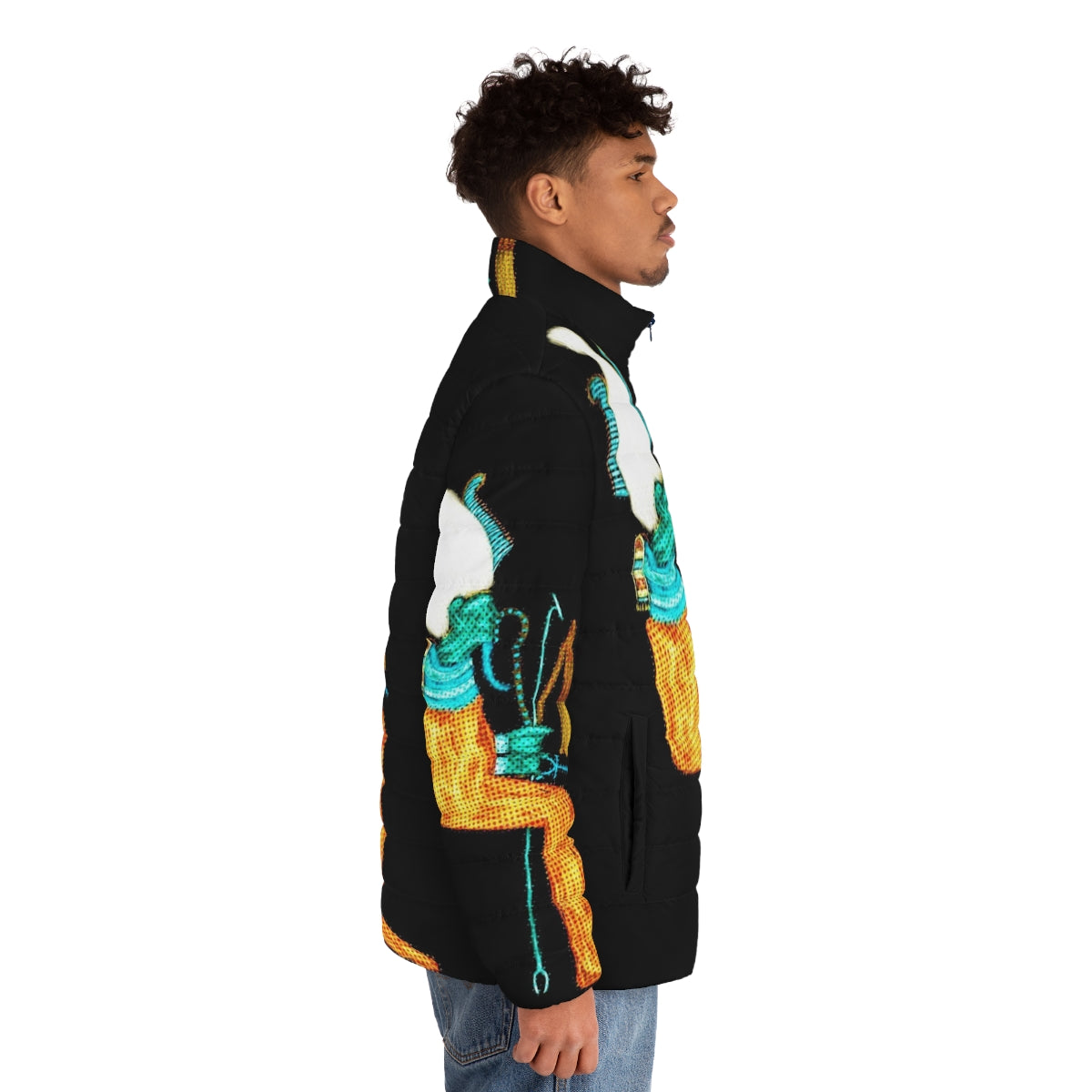 Osiris Modern Art Puffer Jacket with ancient Egyptian inspired design - men side right